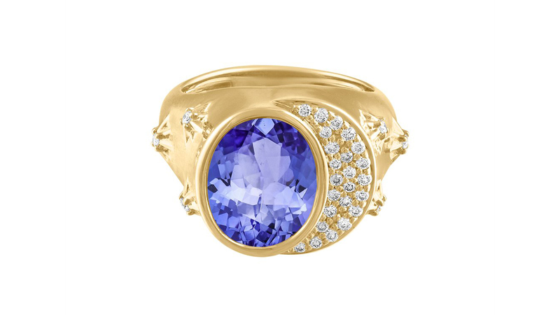 <a href="https://edenpresley.com/products/emerald-celeste-pinky-ring" target="_blank">Eden Presley</a> 14-karat yellow gold ring with tanzanite and white diamonds ($3,600)