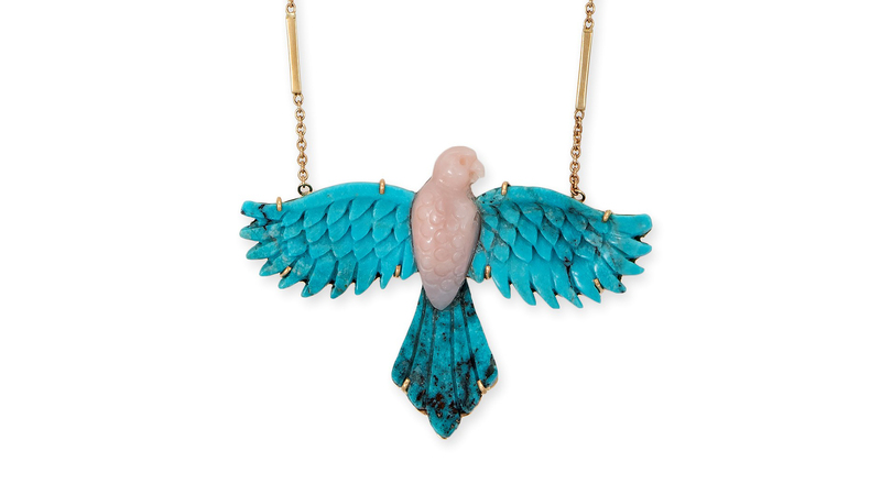 <a href="https://jacquieaiche.com/" target="_blank">Jacquie Aiche</a> carved turquoise and pink opal “Phoenix” necklace in 14-karat yellow gold ($8,500)