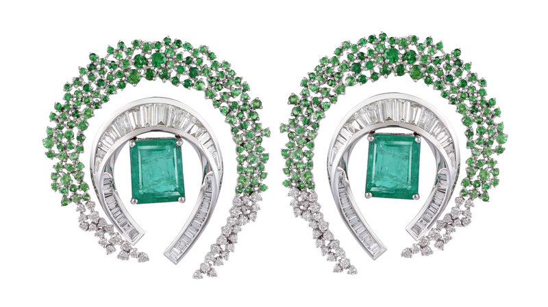 <a href="https://ananya.com/?v=79cba1185463" target="_blank">Ananya </a>emerald ombré “Scatter” ear jackets with emeralds, tsavorites and diamonds set in 18-karat white gold ($17,320)
