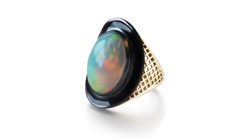 <a href="https://raygriffiths.com/" target="_blank"> Ray Griffiths Fine Jewelry </a> 18-karat yellow gold “Crownwork” oval ring with 2.59-carat opal center stone and graduated white diamonds ($8,790)
