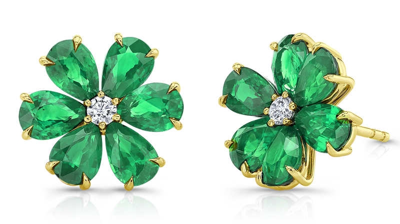 Rahaminov Diamonds pear-shaped emerald flower studs accented with round diamonds set in 18-karat yellow gold ($24,000)