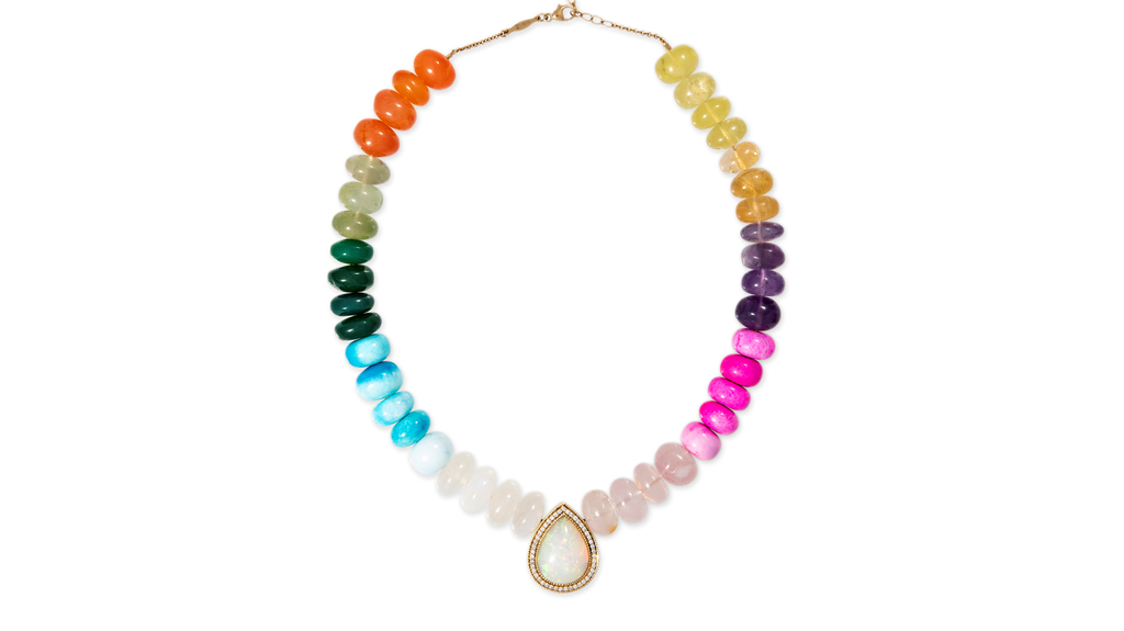 Jacquie Aiche 18-karat gold multi-gemstone beaded necklace with opal center and diamonds ($8,000)