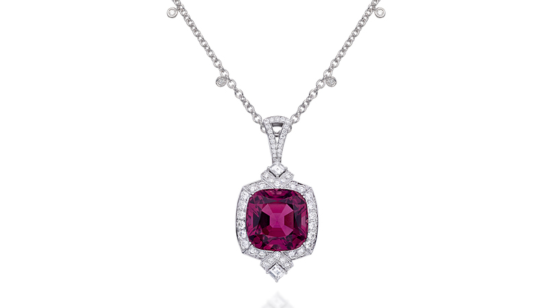 Picchiotti “Essentially Color” necklace featuring a 28.51-carat pink tourmaline and 3.29 carats of diamonds in 18-karat white gold on an 18-karat white gold and diamond necklace ($127,300)