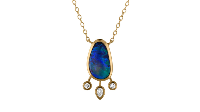 <a href="https://tracymatthews.com/" target="_blank"> Tracy Matthews </a> one-of-a-kind boulder opal pendant set in 18-karat gold with diamond accents ($4,500)