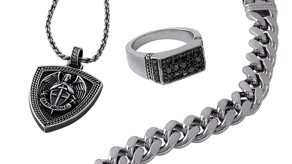 Christian religious motifs and chain links are collection mainstays.