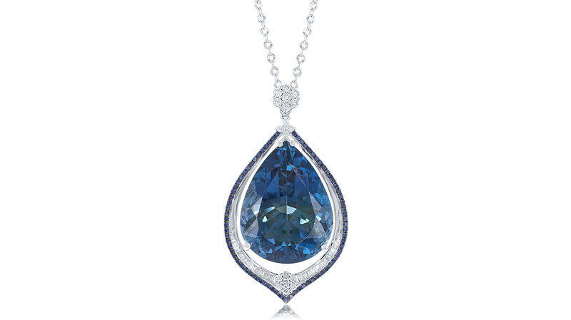 <a href="http://lalijewelry.com/" target="_blank">Lali Jewels</a> 18-karat white gold London blue topaz pendant with diamond and treated blue diamond ($32,375)