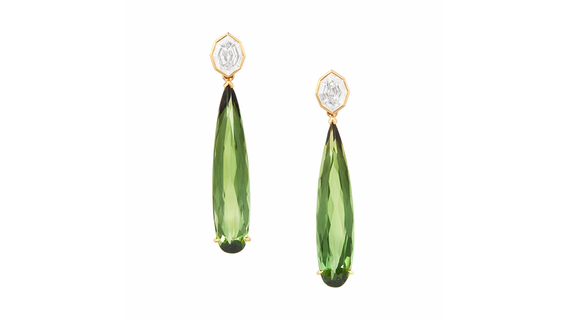 A pair of diamond and tourmaline earrings set in 21-karat yellow gold ($26,000). The drops detach to transform them into studs.