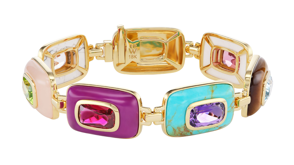Emily P. Wheeler “Patchwork” bracelet in 18-karat gold with morganite, peridot, red tourmaline, amethyst, aquamarine, pink tourmaline, howlite, pink opal, sugilite, turquoise, tiger’s eye, and agate (price upon request)
