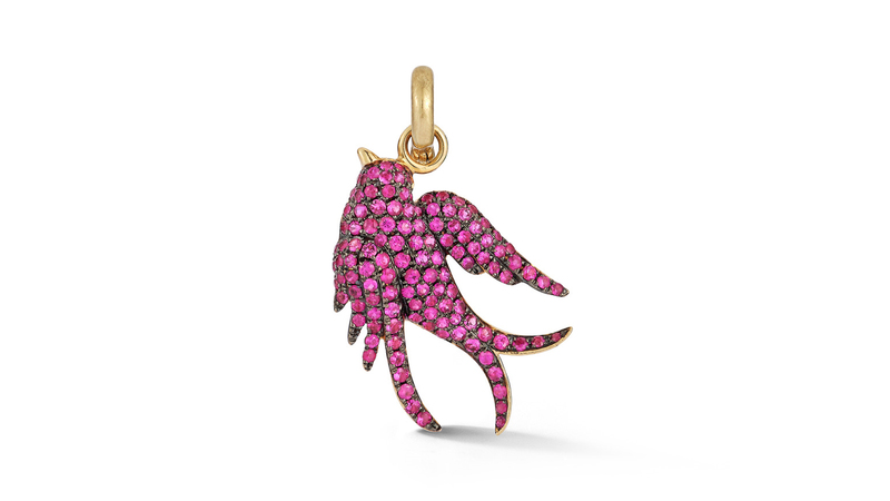 Storrow Jewelry “Birdie Charm” in 14-karat yellow gold with ruby ($1,995)