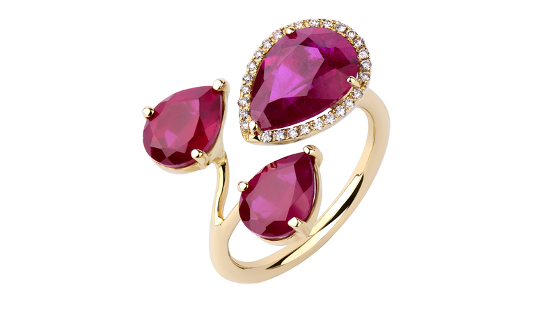 <a href="https://dimajewellery.com/" target="_blank"> Dima Jewellery </a> three-stone ruby and diamond open ring set in 18-karat gold ($1,850)