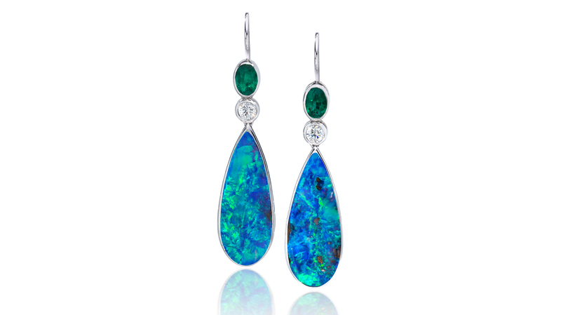 <a href="https://www.gemplatinum.com/" target="_blank"> Gem Platinum</a> Lightning Ridge opal earrings with emeralds and diamonds set in 18-karat gold (Price Upon Request)