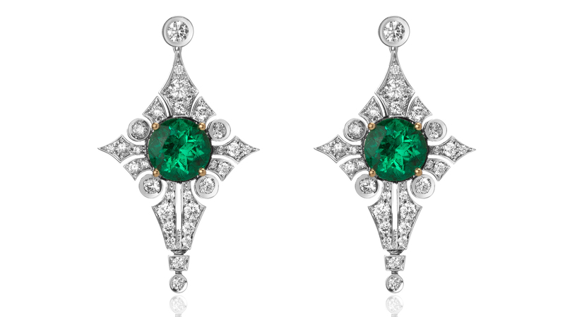 Nova Antique Style Earrings in 18-karat white gold with 1.80 carats of round Muzo emeralds and 1.05 carats of white diamonds ($26,250)