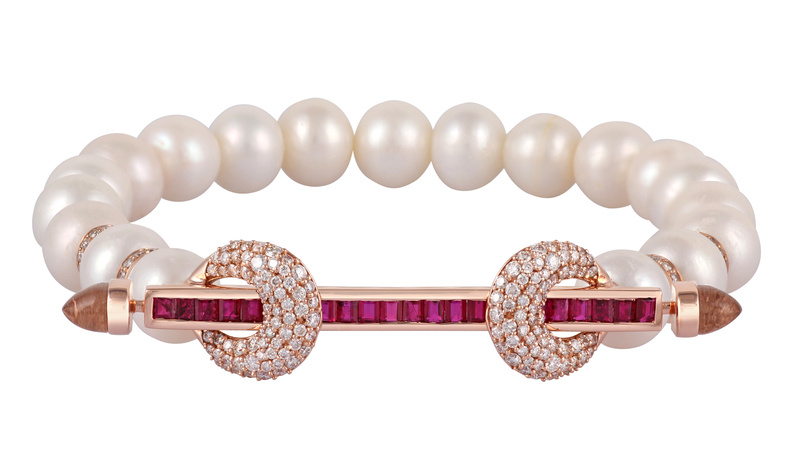 <a href="https://ananya.com/?v=79cba1185463" target="_blank">Ananya</a> pearl and ruby “Chakra” bracelet in 18-karat rose gold with diamonds and crystal ($6,470)
