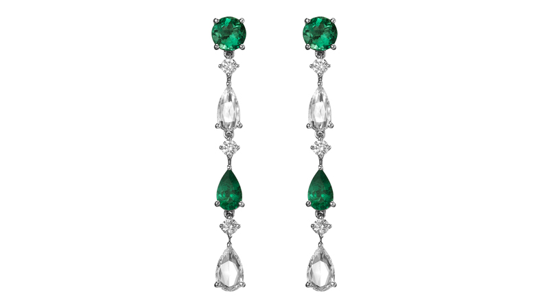 Nova Drip Drop Earrings in 18-karat white gold with 1.93 total carats of Muzo emeralds, 1.59 carats of rose-cut diamonds, and 0.36 carats of round white diamonds ($8,400)