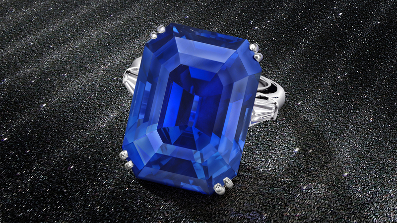 This Bulgari ring centers on a rectangular emerald-cut Ceylon sapphire, weighing 48.38 carats, flanked by tapered baguette-cut diamonds and mounted in platinum ($500,000-$800,000)
