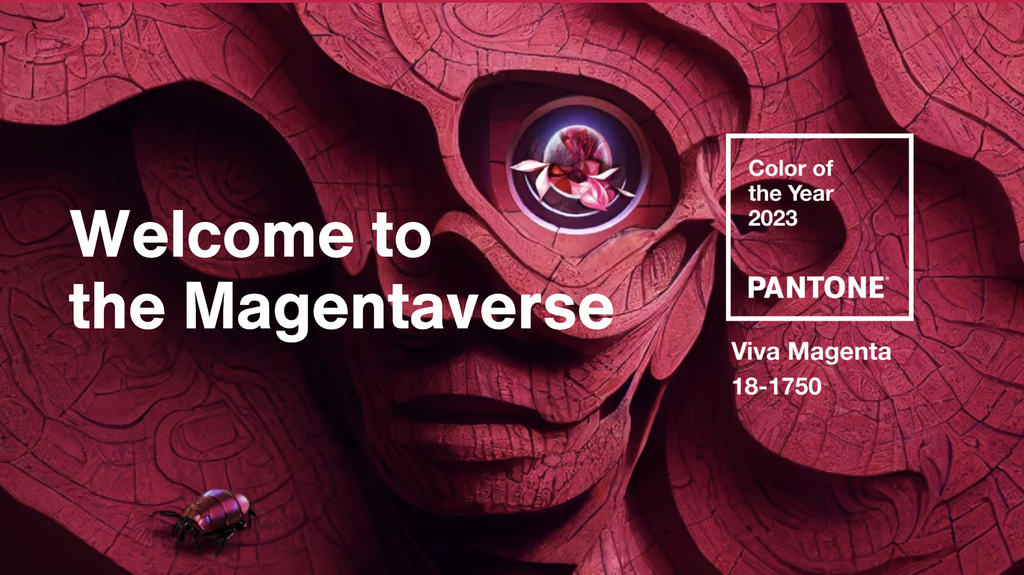 This image shows a mix of the influences that have informed Pantone’s “Viva Magenta,” including the cochineal insect—the source of carmine dye—gemstones, and digital artwork. (Image courtesy of Pantone Color Institute)