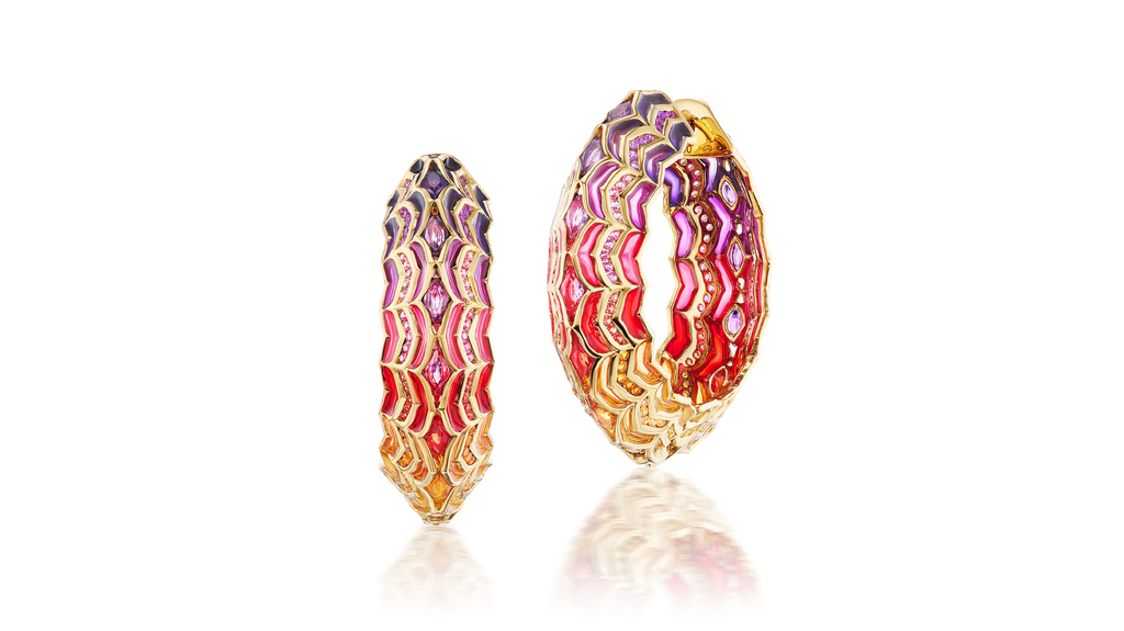 ARK “Dreamweaver” hoop earrings in 18-karat recycled yellow gold with 3.54 carats of multicolor sapphires and enamel ($8,500)