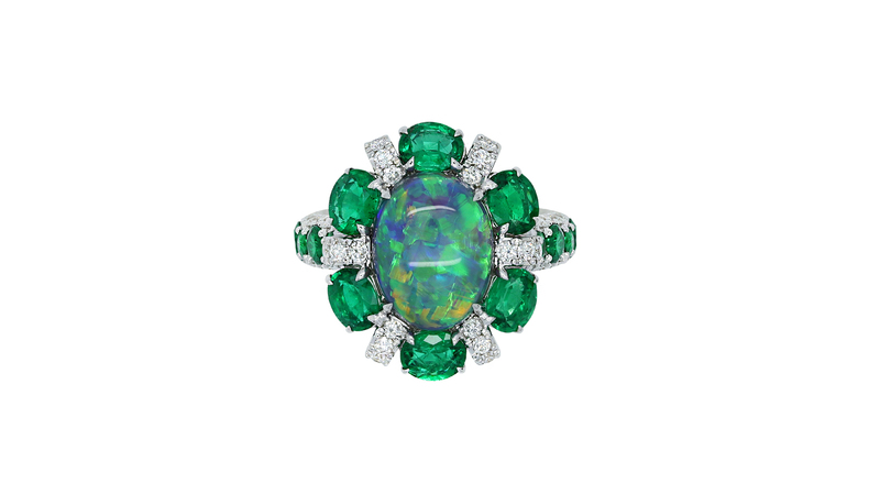 <a href="https://www.valani.com/" target="_blank"> Valani Atelier</a> ring in 18-karat white gold set with an oval-cut opal, round brilliant-cut emeralds, oval-cut emeralds and round brilliant-cut diamonds ($45,000)