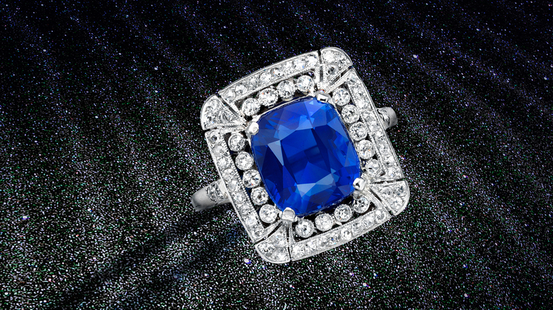 A circa 1930 ring centered on a cushion mixed-cut 5.39-carat sapphire, accented with single-cut diamonds and set in platinum ($275,000-$375,000)