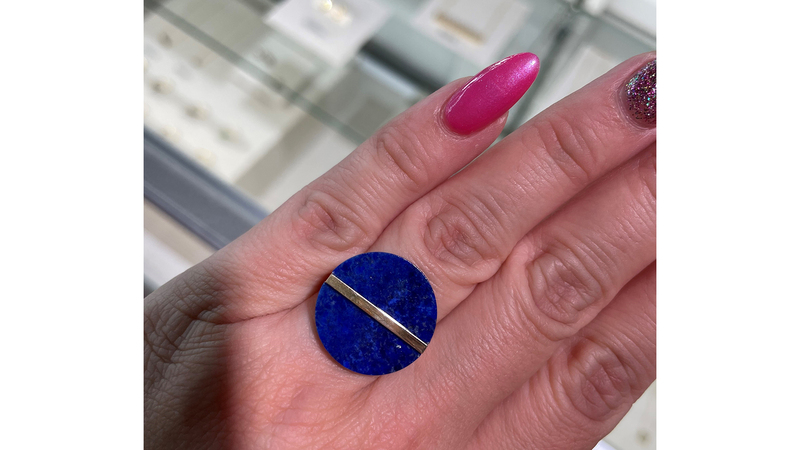 This slice of lapis ring by Januka is also available with other gemstones, like amethyst.