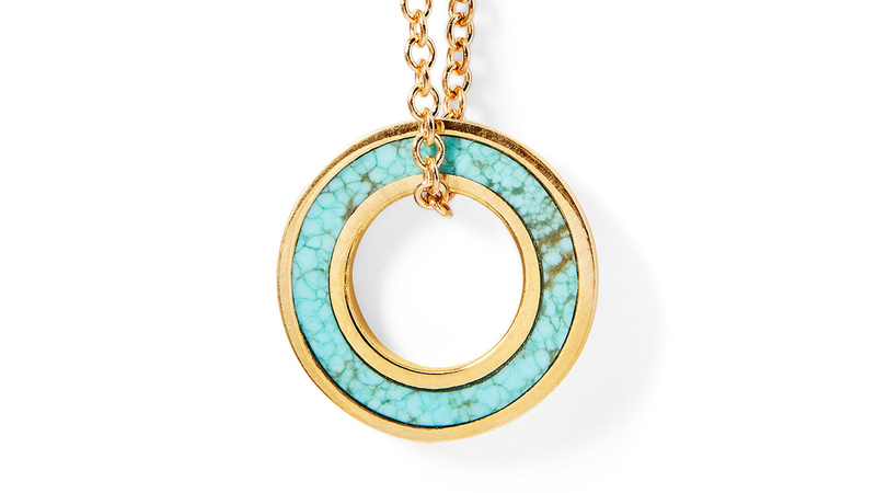 <a href="https://casualseance.com/products/orbit-pendant-number-8-turquoise" target="_blank">Casual Séance</a> turquoise pendant in 14-karat yellow gold and recycled silver ($1,390)