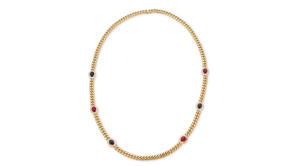 Gold Cuban link diamond and gemstone necklace