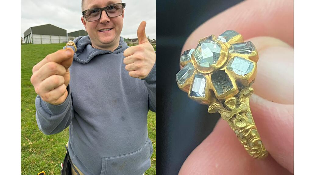 Metal detectorist Stuart Jones and hogback diamond ring