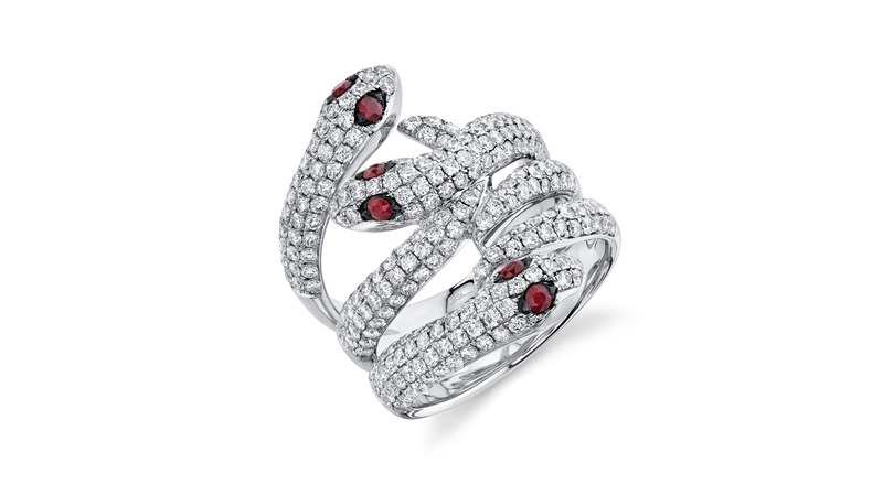 <a href="https://shycreation.com/" target="_blank"> Shy Creation </a> “Serpentine Ring” with ruby eyes and diamonds set in 14-karat white gold ($5,090)