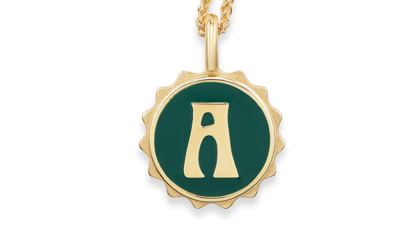 Marlo Laz “Alphabet Enamel Coin Necklace” in 18-karat gold with enamel ($2,740)