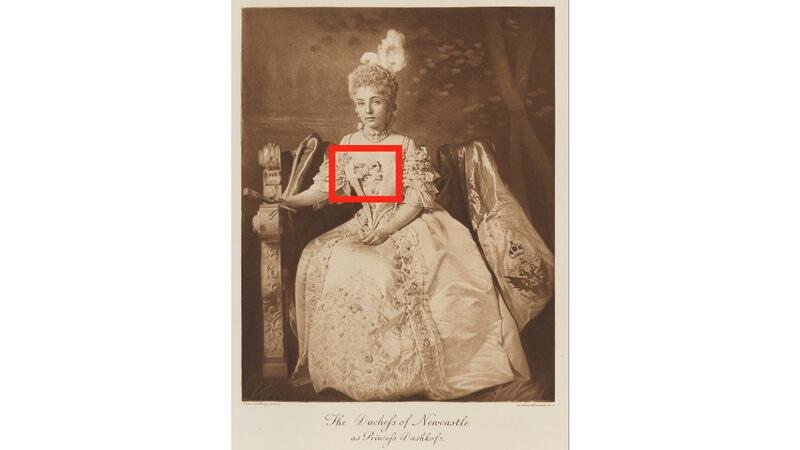 Duchess of Newcastle wearing diamond bow brooch to 1897 Devonshire Ball