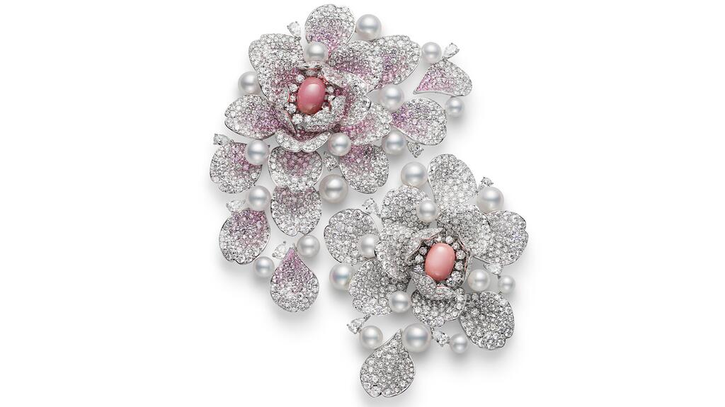 The “Les Pétales” brooch with natural conch pearls, cultured Akoya pearls, sapphires, and diamonds in 18-karat white gold (all pieces are price upon request) Mikimoto Les Pétales Brooch