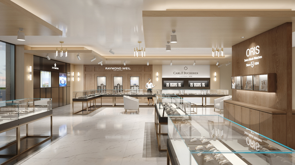 This angle of the jeweler’s planned renovations showcases its selection of timepieces.