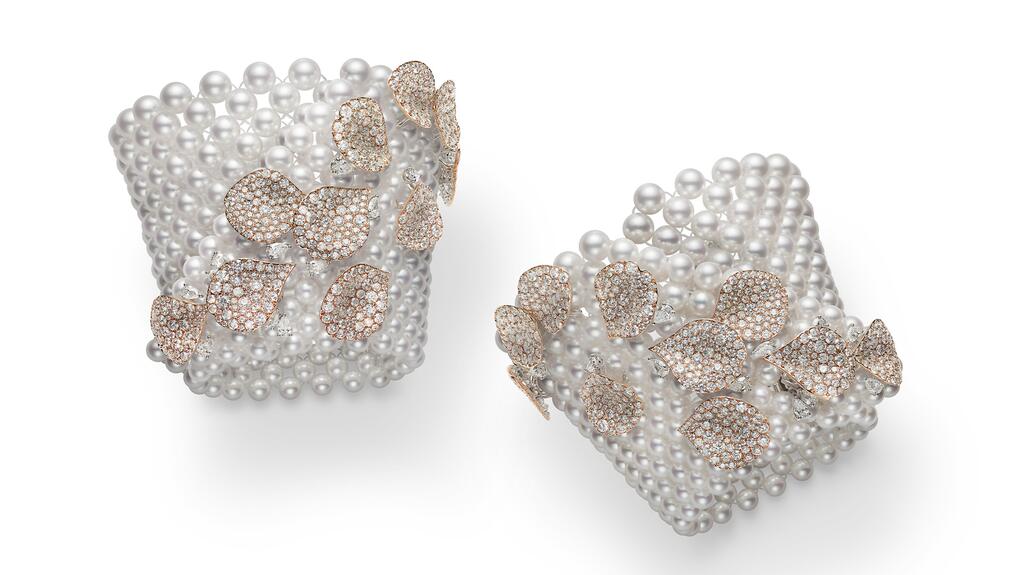 The “Les Pétales” bracelet with cultured Akoya pearls, diamonds, and 18-karat rose gold Mikimoto Les Pétales Bracelet
