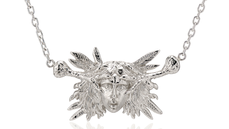 The Harpy pendant in sterling silver ($350). This sculptural pendant features a woman’s head between two bird talons, as harpies were known to steal food and snatch travelers.