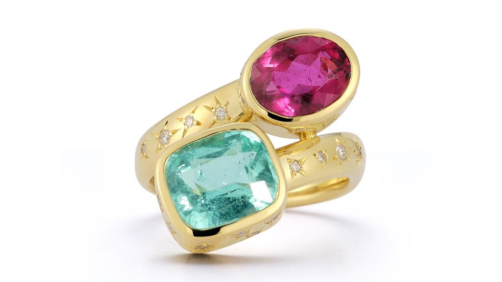 Jemma Wynne 18-karat yellow gold "Anniversary Bypass Ring" with rubellite, blue tourmaline, and diamonds ($9,870)