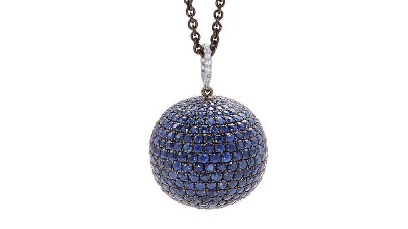 <a href="https://www.dilamani.com/" target="_blank"> Dilamani</a> pavé blue and white sapphire disco ball pendant in sterling silver ($1,650)