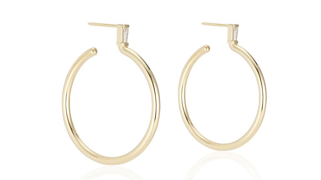 Designer Lorraine West named this pair of 14-karat gold and diamond hoops the “Jennifer” hoop, in honor of Jennifer Gandia. The two met at a NYCJW event and the store began carrying a capsule collection by West shortly thereafter.