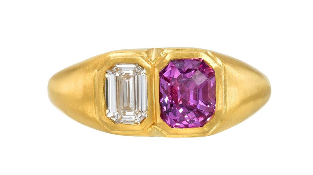 Darius 18-karat yellow gold ring with 24-karat gold plating, 1.3-carat pink sapphire, and 0.52-carat antique emerald-cut diamond ($12,650)