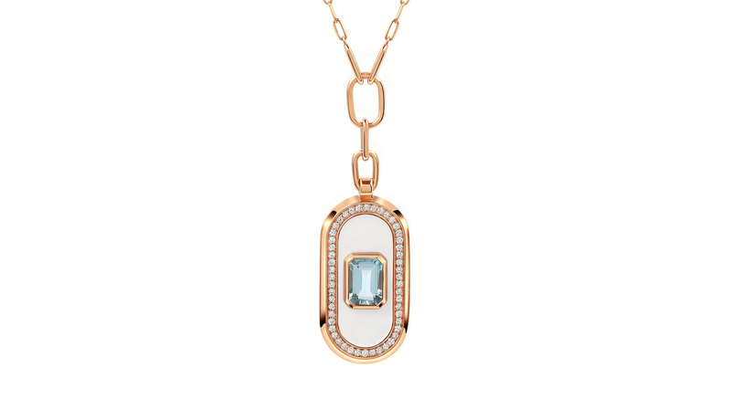<a href="https://thisisstateproperty.com/" target="_blank"> State Property</a> aquamarine “Battuta Seafarer” necklace with mother-of-pearl and diamonds set in 18-karat gold ($5,800)