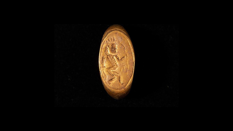 This ring is decorated with an image of Bes, an Egyptian god that served as a protector of pregnant women and children.