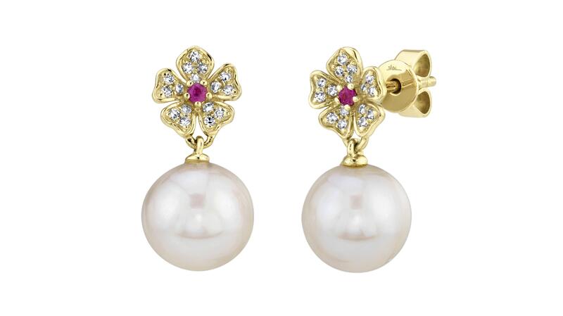 Shy Creation “Jackie Collection” pearl drop earrings with diamonds and pink sapphire set in 14-karat yellow gold