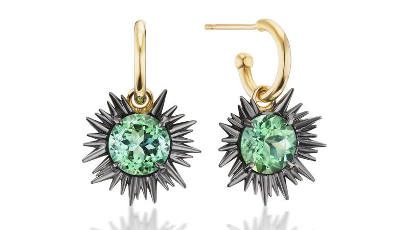 “Uni Drop Earrings” in 14-karat yellow gold with black rhodium and 4.34 total carats of green tourmaline ($4,860)