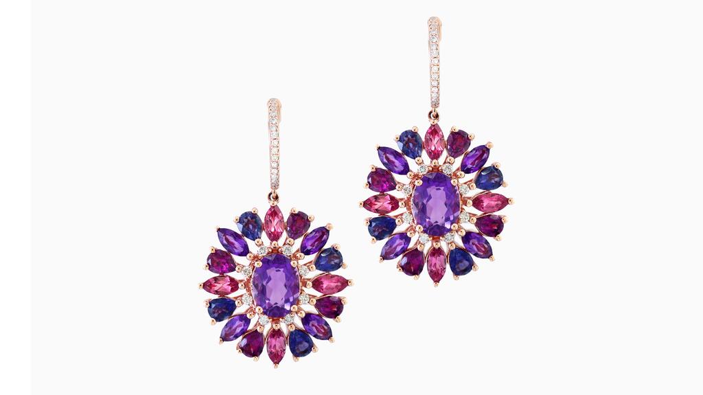 Effy “Viva Magenta!” earrings with rhodolite, iolite, amethyst, pink tourmaline, and diamonds set in 14-karat rose gold