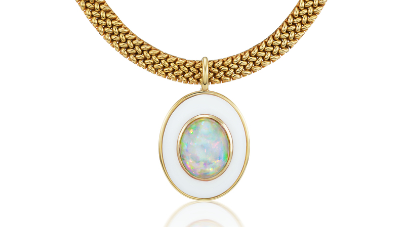“Astral Necklace” with woven chain in 18-karat yellow gold with a 17.25- carat Ethiopian opal and white agate ($15,170)