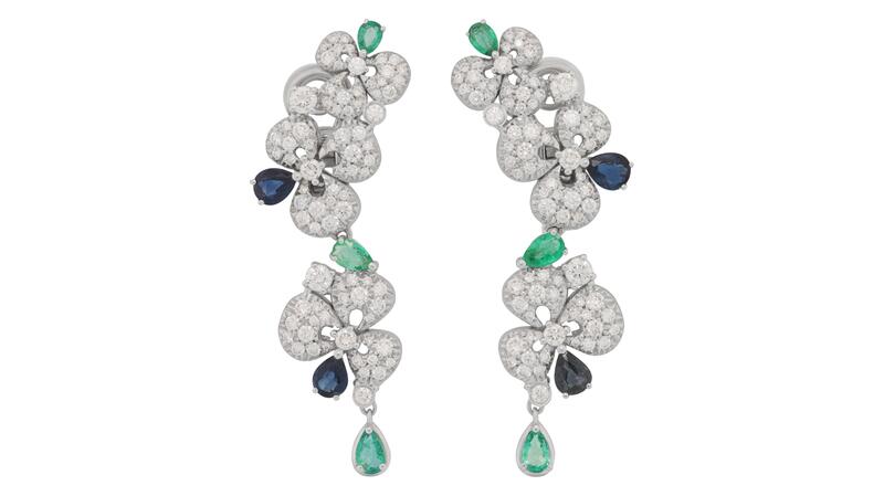 Miseno “Ischia Collection” long statement earrings in 18-karat white gold with pavé diamonds, emeralds, and blue sapphires