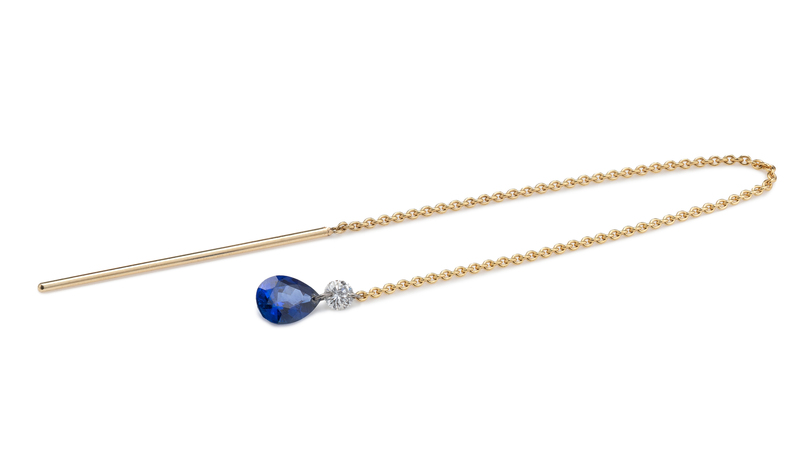 A threader earring in 14-karat yellow gold with lab-grown diamond and sapphire ($1,377)