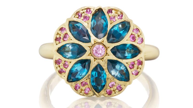 Tara Hirshberg marquise-cut London blue topaz “Lotus Flower” ring with pink sapphires in 14-karat yellow gold