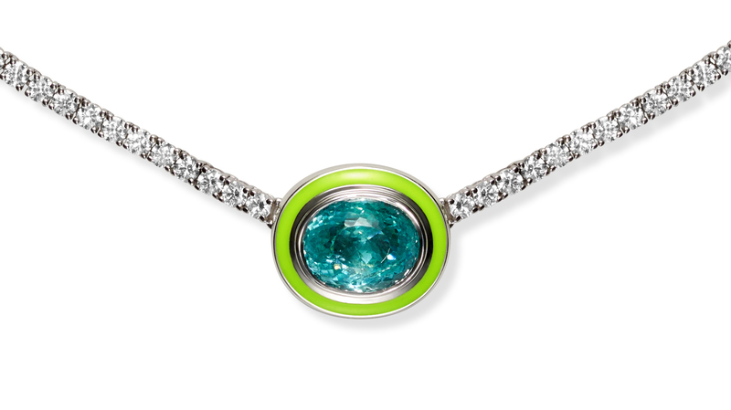 From the Lenox collection, this pendant that also functions as a removable necklace clasp is crafted in 18-karat white gold with a Nigerian Paraiba-type 3.49-carat tourmaline ($18,900 for pendant only)