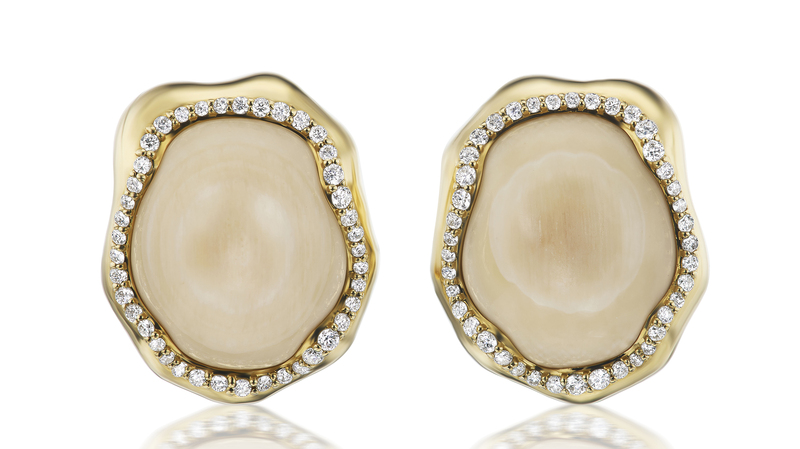 “Osso Earrings” in 14-karat yellow gold with prehistoric woolly mammoth fossil and diamonds ($7,150)