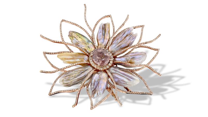 Yvel 18-karat rose gold brooch set with cognac diamonds, rose tourmaline, and Kasumiga pearls (price available upon request)